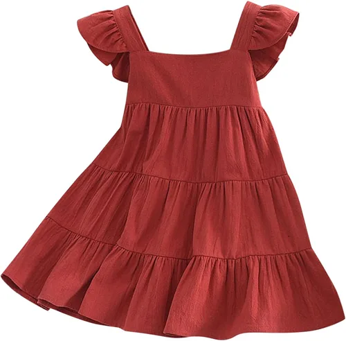 Lethez Vestido de verano para niños pequeños, vestido vintage de lino con volantes, retro, color liso