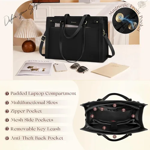 Miniatura 4 de Bolso para laptop RAINSMORE para mujer de 15.6 pulgadas, bolsa de mano y hombro fabricada en cuero vegano PU, impermeable, maletín de diseñador