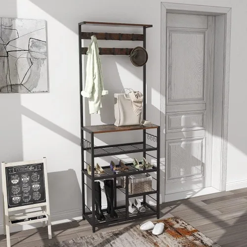 Miniatura 4 de GiftGo Árbol de pasillo grande vintage de 5 niveles con mesa de consola, entrada, perchero de pie para zapatos, estante organizador para el hogar