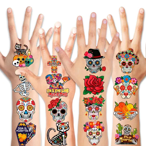 Miniatura 2 de HOWAF 96 tatuajes de cara del Día de los Muertos, disfraz de Día de los Muertos, tatuajes temporales del Día de los Muertos, calcomanías de calavera
