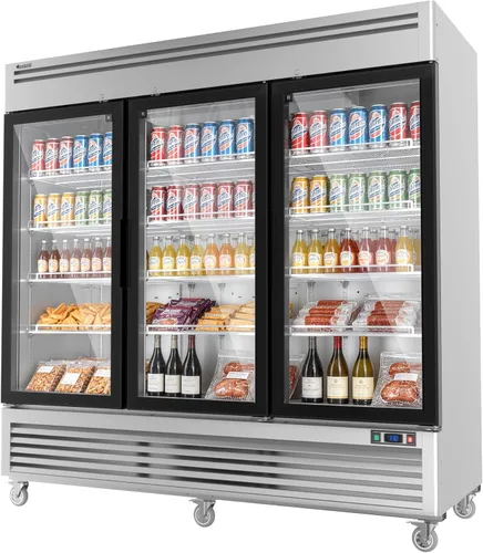 Coolski Refrigerador comercial de bebidas de 3 puertas de 82 pulgadas de ancho, refrigerador de 78.2 pies cúbicos con pantalla de puerta de vidrio,