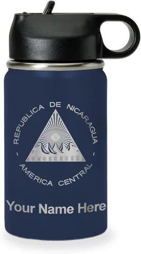 Miniatura 18 de LaserGram Botella de agua personalizada, bandera de Nicaragua, acero inoxidable de doble pared aislada al vacío con popote superior, regalo grabado