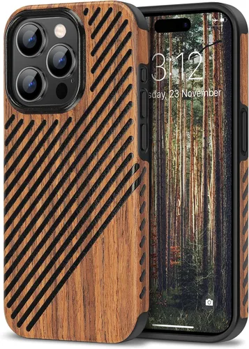 Miniatura 10 de TENDLIN Funda magnética para iPhone 13 Pro - Funda híbrida de TPU de cuero de grano de madera con compatibilidad MagSafe