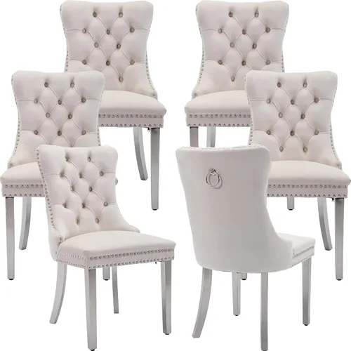 Miniatura 112 de ODUSE-DAILY - Juego de 4 sillas de cocina y comedor de terciopelo beige, tapizadas en tela, respaldo alto con alas, anilla metálica, estructura