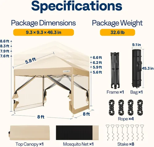 Miniatura 7 de VIVOHOME Toldo desplegable fácil de 8 x 8 pies, tienda de campaña para exteriores con mosquitera, 2 puertas con cremallera y bolsa enrollable