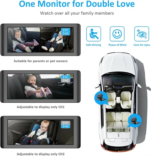 Miniatura 3 de Cámara de coche de bebé para 2 niños, monitor de bebé de pantalla dividida HD 1080P de 6.86 pulgadas con doble cámara de asiento trasero y visión