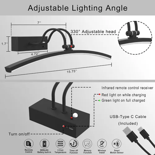 Miniatura 8 de PAIHOME Luces para fotos en la pared, luz magnética recargable con sensor de movimiento inteligente, control remoto regulable y temporizador
