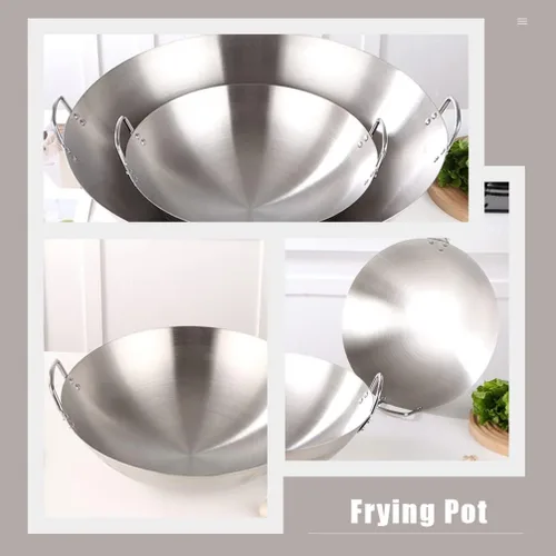 Miniatura 3 de Cabilock Wok de acero inoxidable de 12 pulgadas, sartén de fondo redondo de gran capacidad para estufa de gas, cocina tradicional india Kadai
