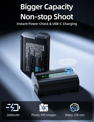 Miniatura 4 de llano Paquete de 2 baterías Aurora EN-EL15C de 2600 mAh y cargador USB-C de 20 W para Nikon Z8, Zf, Z6III, D850, Z7II, Z6II, Z7, Z6, D7500, D750