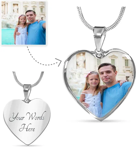 Collar de corazón de plata con foto personalizada pon tu imagen favorita en esta joyería con tu mensaje personalizado grabado como un regalo