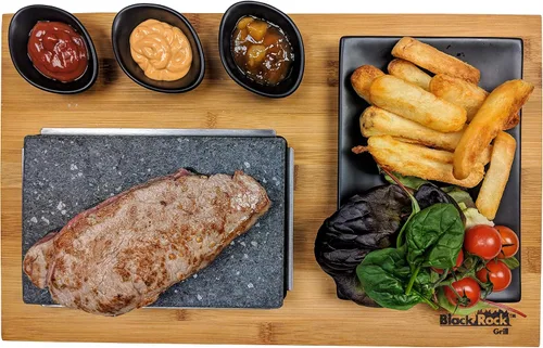 Black Rock Grill Bistec, parrilla de piedra caliente - Roca caliente chisporroteante, parrilla de interior, piedra de cocción con moldes negros mate