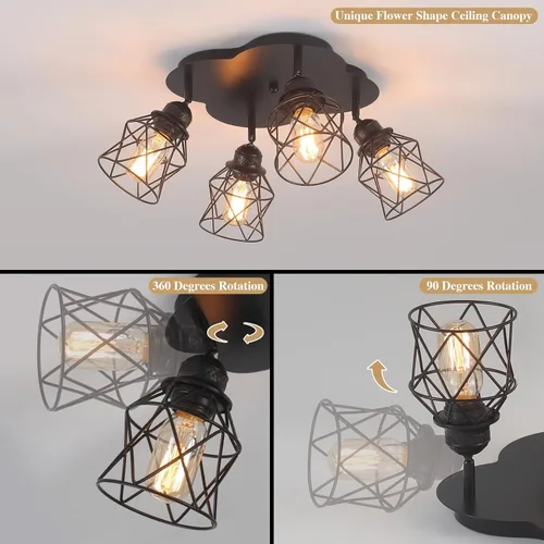 Miniatura 2 de Luminarias de techo para cocina de 4 luces con montaje al techo, lámpara de techo empotrada negra ajustable multidireccional, lámpara de jaula