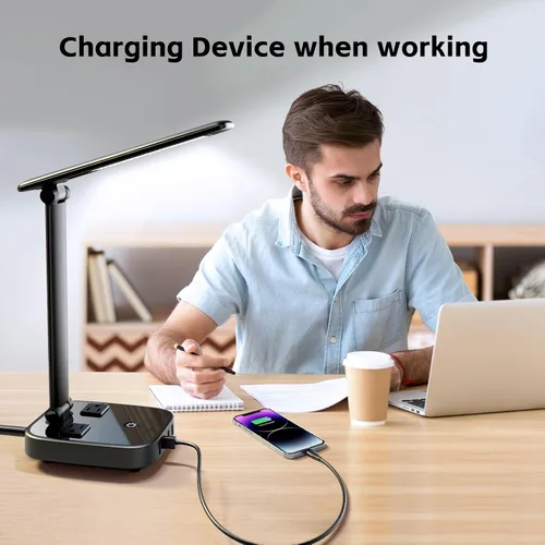 Miniatura 2 de Yostyle Lámpara de escritorio LED con 4 puertos de carga USB y 2 salidas de CA, estación de tira de alimentación con cable de extensión de 5 pies