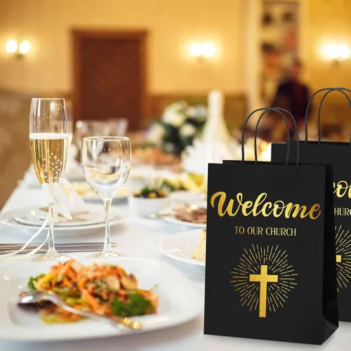 Miniatura 5 de Chuangdi 50 bolsas de regalo de bienvenida a la iglesia, bolsas de papel cristiano con asas para invitados, día de la madre, baby shower, Negro