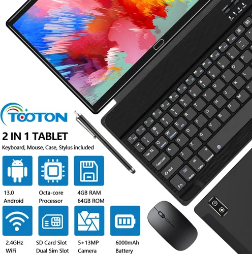 Miniatura 2 de Tableta Android 13 de 10 pulgadas, tableta 2 en 1 con 4+64/512 GB de almacenamiento Octa-Core, compatible con tarjeta SIM dual 4G con teclado