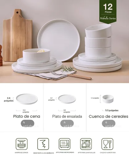 Miniatura 2 de Juego de platos y cuencos Nebula de Famiware, juego de vajilla de 12 piezas, juego de platos para 4, blanco