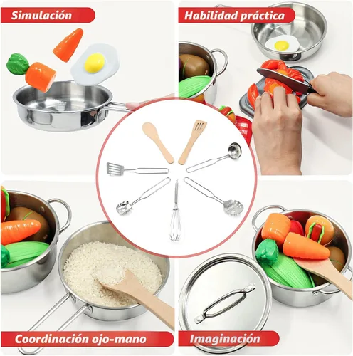Miniatura 6 de Juego de accesorios de cocina para niños, juego de 32 artículos de ollas y sartenes de acero inoxidable con organizador de estante, utensilios