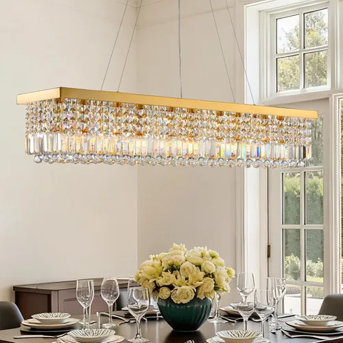 Miniatura 15 de Candelabros Modernos de Cristal para Lámpara de Comedor, Candelabro de Techo Rectangular Dorado de 6 Luces para Isla de Cocina y Sala de Estar