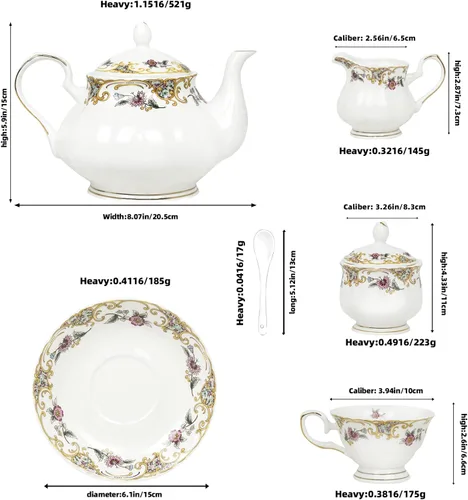 Miniatura 6 de ACMLIFE Juego de té de porcelana de hueso para adultos, juego de té de porcelana fina blanca y floral de 21 piezas, juego de 6 tazas de té inglés