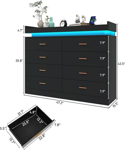 Miniatura 2 de Hlivelood Cómoda de 8 cajones con luz LED y estación de carga, cómoda moderna para armario, armario organizador de cajones anchos para dormitorio