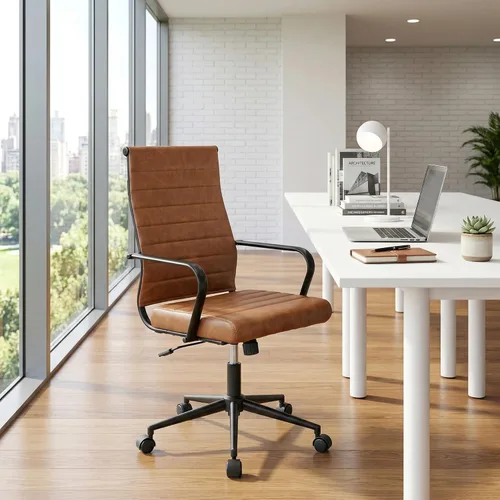 Miniatura 10 de Okeysen Silla de escritorio de oficina de cuero, sillas de sala de conferencias de cuero modernas de mediados de siglo, silla giratoria ergonómica