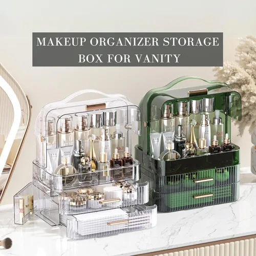 Miniatura 9 de LINFIDITE Caja de almacenamiento de cosméticos con tapa transparente, organizador de maquillaje grande, caja con cajones, mango portátil