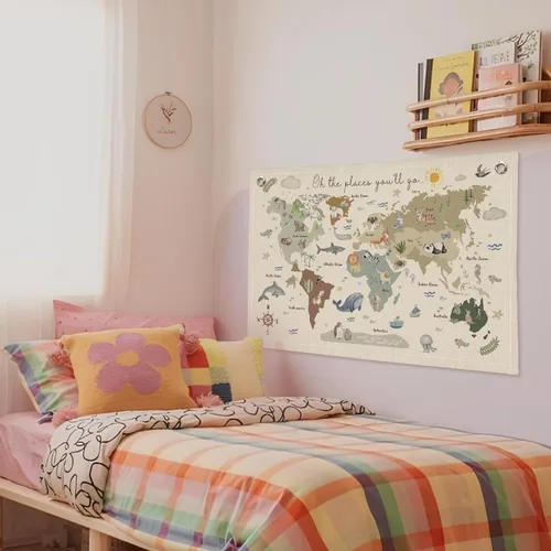 Miniatura 6 de Wheatwin Decoración de sala de juegos, pancarta de mapa del mundo para niños, mapas del mundo para pared, mapa del mundo, lindo tapiz de animales