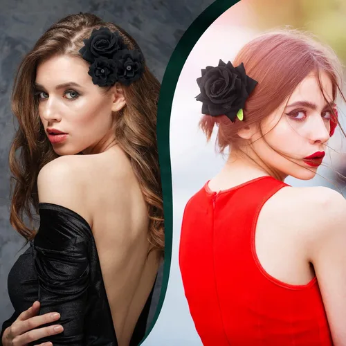 Miniatura 4 de BBTO 12 pinzas para el pelo de rosas, accesorios mexicanos para bailarinas de flamenco, mujeres, flores mexicanas, clips de flores para novia, Negro