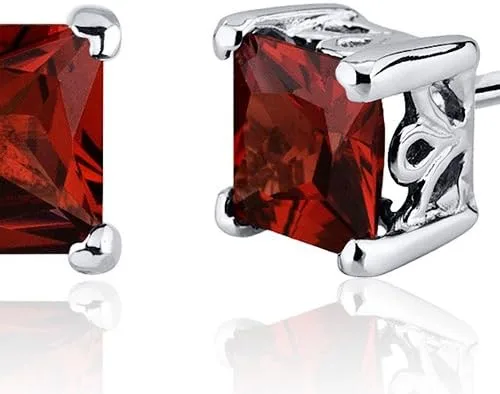 Miniatura 2 de Peora Aretes de plata de ley 925 de granate, galería de desplazamiento solitario, piedra natal de piedras preciosas naturales, 2 quilates total
