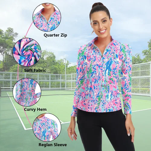 Miniatura 11 de WOWENY Camiseta deportiva de manga larga para mujer, con cremallera de un cuarto, cuello para entrenamiento, camiseta de tenis con estampado