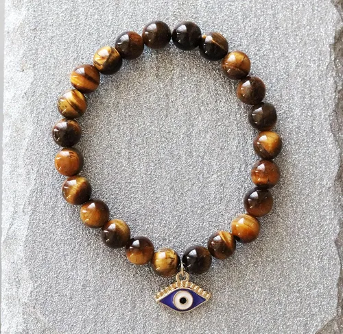Miniatura 2 de T. VICTORIA - Brown Natural Tiger Eye Evil Eye Protection Prosperity Solar Plexus Chakra Healing Crystal Charm Beaded Stretch Gemstone Bracelet