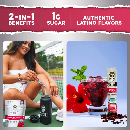 Miniatura 7 de Salud - Paquete de 2 2 en 1 Energy + Focus (Margarita de fresa) y energía + enfoque (hibisco) – 15 porciones cada una, mezcla de bebida Agua