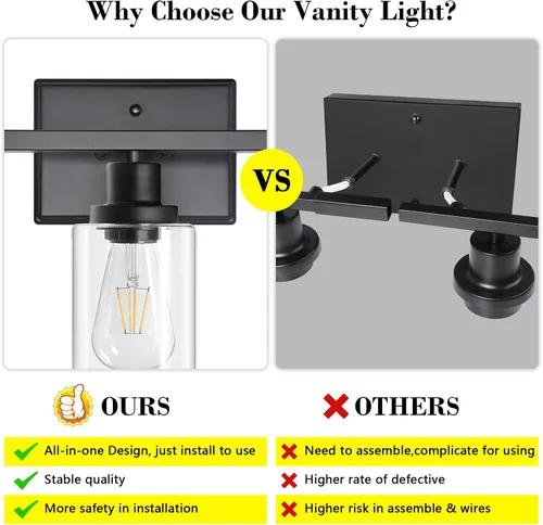 Miniatura 3 de Ascher Lámparas de Vanidad de Baño, 3 Apliques de Pared de Luz con Pantalla de Vidrio Transparente, Luces de Pared Negras para Espejo, Cocina, Sala