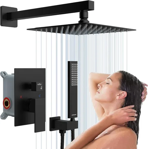 Juegos de sistema de grifería de ducha negros: EMBATHER Juego combinado de ducha con cabezal de lluvia superior de 10 pulgadas con ducha de mano y