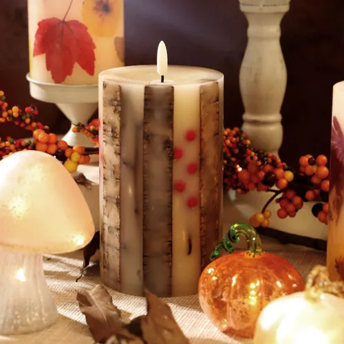 Miniatura 5 de Velas de abedul real sin llama incrustadas con bayas rojas, velas de Navidad sin llama con control remoto, velas tipo pilar que funcionan