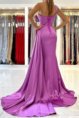 Miniatura 2 de Vestidos de dama de honor de un hombro para boda con abertura lateral, vestidos de sirena de satén con cola