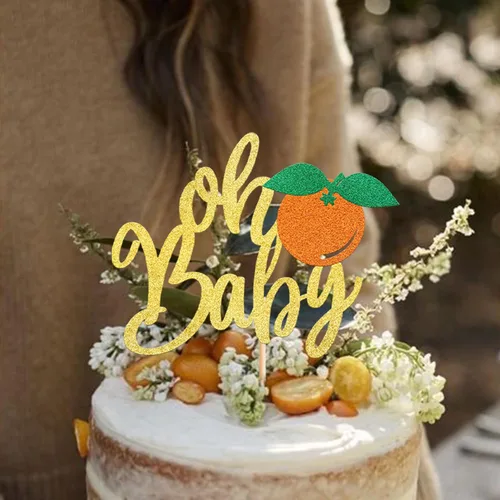 Miniatura 6 de Rsstarxi 1 paquete de decoración de pastel Oh Baby con purpurina naranja pequeña para tartas de baby shower, decoración de pastel para frutas