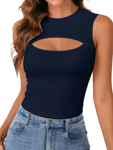 Miniatura 24 de Vrtige Camiseta sin mangas sexy con cuello redondo para mujer, de punto acanalado, sin mangas, ajustada