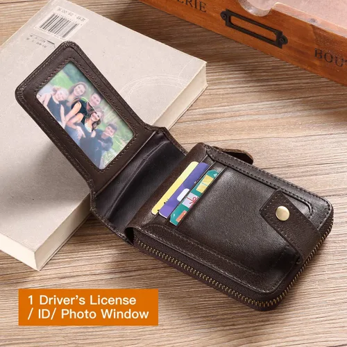 Miniatura 4 de GOIACII Cartera con cremallera para hombre, de piel auténtica, con bloqueo RFID, con cremallera, bolsillo para monedas, para identificación, con Café