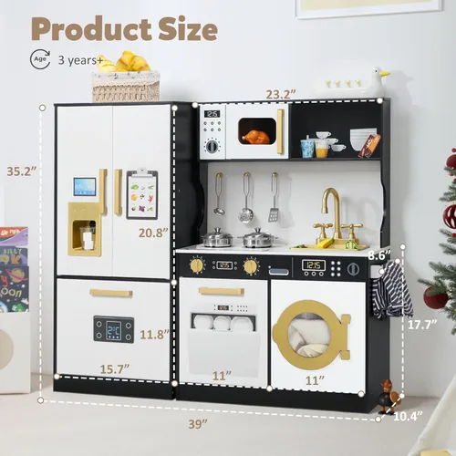 Miniatura 6 de TODEFULL Juegos de cocina para niños, juego de cocina de madera para niños, cocina de juguete interactiva con congelador, lavadora, máquina de hielo