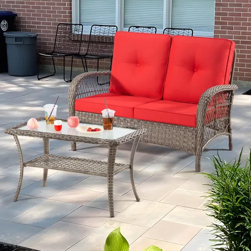 Miniatura 5 de Joyside Juego de muebles de mimbre para patio, juego de conversación de 2 piezas con un asiento de amor y una mesa de café, sofá y mesa de ratán