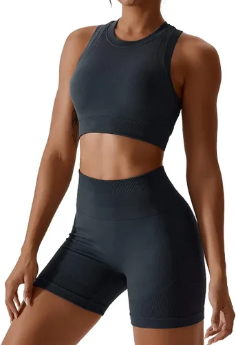 Miniatura 40 de Conjuntos de entrenamiento para mujer, 2 piezas, sin costuras, acanalada, sin mangas, brasier deportivo, cintura alta, pantalones cortos