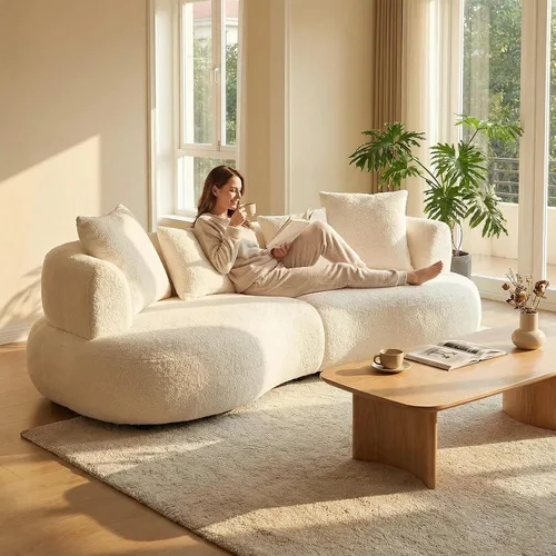 Miniatura 4 de SSC SATITUNCASA - Sofá modular curvo de 102.36 pulgadas, acogedor sofá Boucle para sala de estar, sofá de 4 plazas color crema con almohadas, sofá