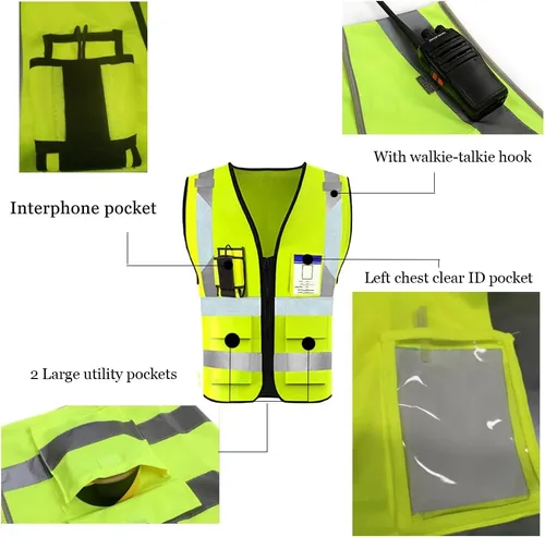 Miniatura 4 de Chaleco de seguridad de alta visibilidad reflectante con bolsillos y cremallera personalizado su logotipo ropa de trabajo de seguridad negro