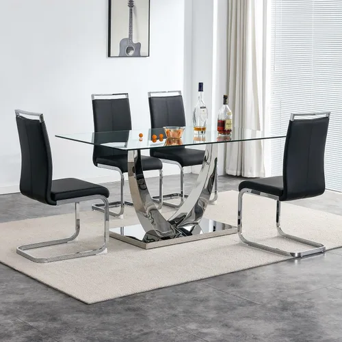 Juego de mesa de comedor de vidrio de 63" para 4, juego de mesa de comedor moderno para 4, mesa de cocina y sillas de cuero PU, mesa de comedor con