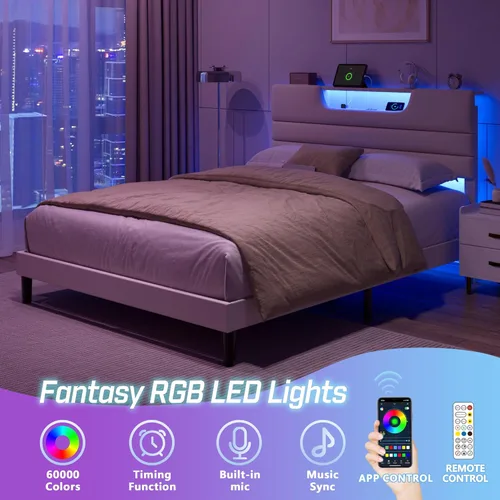 Miniatura 3 de OURPIC - Marcos de cama tamaño Queen con cabecero tapizado, cama moderna con plataforma y estación de carga y luces LED, marco de cama con listones