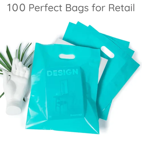 Choice Marts 100 bolsas de plástico verde azulado con asas, 12 x 15 pulgadas, bolsas de regalo de color verde azulado brillante de 2 mil de grosor