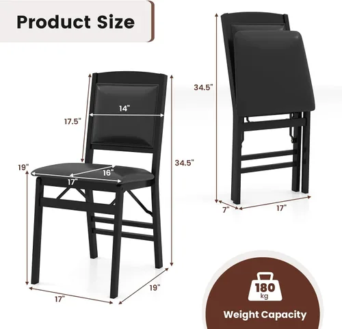 Miniatura 3 de Giantex Juego de 2 sillas de comedor plegables de madera negra con asiento acolchado, marco de madera maciza, carga máxima de 400 libras, sin