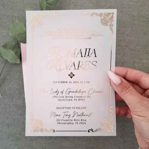Miniatura 2 de Juego de 10 invitaciones de quinceañera, invitaciones de membrillo Gold Mis para niña de 15 cumpleaños, tarjetas de quinceañera de vellum