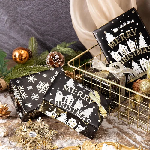 Miniatura 3 de RUSPEPA Juego de papel de regalo de Navidad negro y dorado, mini rollo, papel de regalo navideño con lámina dorada con árbol, copo de nieve y diseño